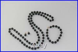 14k ONYX BEAD 3 PIECE SET Necklace Earrings Bracelet