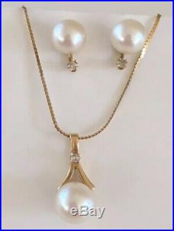 14k Solid Gold Pearl And Diamonds Necklace And Earring Set 16