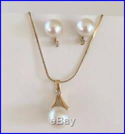 14k Solid Gold Pearl And Diamonds Necklace And Earring Set 16