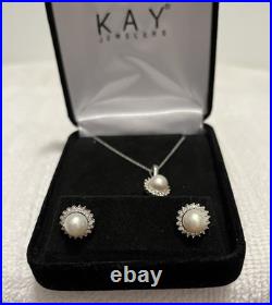 14k Solid White Gold Cultured Pearl Natural Diamond Necklace Earrings Set