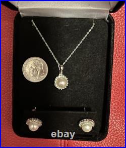 14k Solid White Gold Cultured Pearl Natural Diamond Necklace Earrings Set