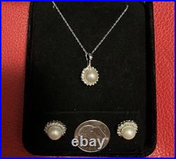 14k Solid White Gold Cultured Pearl Natural Diamond Necklace Earrings Set