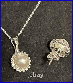 14k Solid White Gold Cultured Pearl Natural Diamond Necklace Earrings Set