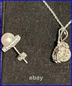 14k Solid White Gold Cultured Pearl Natural Diamond Necklace Earrings Set