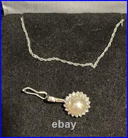 14k Solid White Gold Cultured Pearl Natural Diamond Necklace Earrings Set