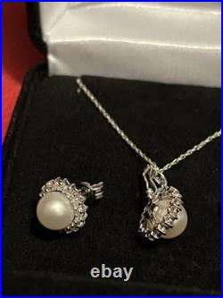 14k Solid White Gold Cultured Pearl Natural Diamond Necklace Earrings Set