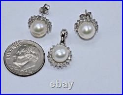 14k Solid White Gold Cultured Pearl Natural Diamond Necklace Earrings Set
