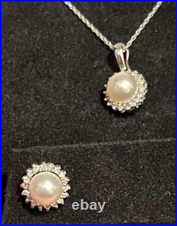 14k Solid White Gold Cultured Pearl Natural Diamond Necklace Earrings Set