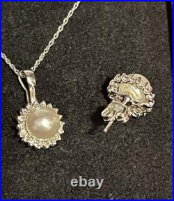 14k Solid White Gold Cultured Pearl Natural Diamond Necklace Earrings Set