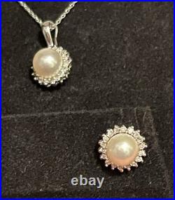 14k Solid White Gold Cultured Pearl Natural Diamond Necklace Earrings Set