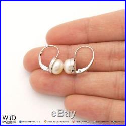 14k Solid White Gold Freshwater Pearl Bezel Set Leverback Earrings
