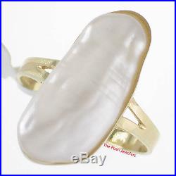 14k Solid Yellow Gold 9x19mm Genuine White Biwa Pearl Bezel Setting Wrap Ring