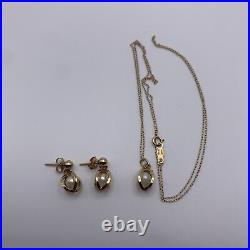 14k Solid Yellow Gold And Pearl Earring And Necklace Set -Signed BAB 3.8 Grams