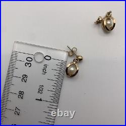 14k Solid Yellow Gold And Pearl Earring And Necklace Set -Signed BAB 3.8 Grams