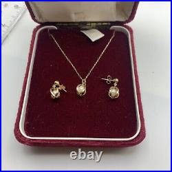 14k Solid Yellow Gold And Pearl Earring And Necklace Set -Signed BAB 3.8 Grams