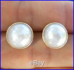 14k Solid Yellow Gold Estate Bezel Set Natural Mabe Pearl Earrings