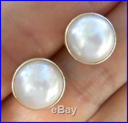 14k Solid Yellow Gold Estate Bezel Set Natural Mabe Pearl Earrings