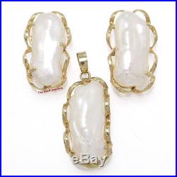 14k Solid Yellow Gold Geniune White Biwa Pearl Earring & Pendant Set TPJ