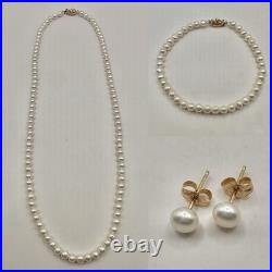 14k Solid Yellow Gold Natural Pearl Strand Necklace Bracelet Stud Earrings Set