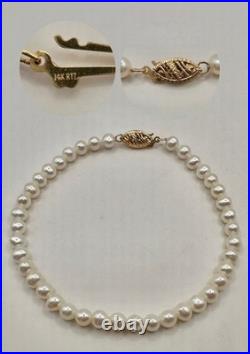 14k Solid Yellow Gold Natural Pearl Strand Necklace Bracelet Stud Earrings Set