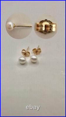 14k Solid Yellow Gold Natural Pearl Strand Necklace Bracelet Stud Earrings Set
