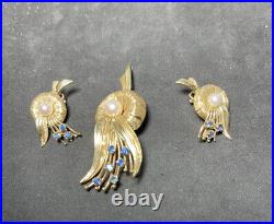 14k Solid Yellow Gold Pearl And Gemstones Brooch And Earrings Set