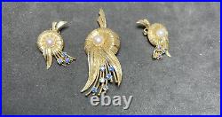 14k Solid Yellow Gold Pearl And Gemstones Brooch And Earrings Set