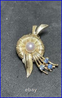 14k Solid Yellow Gold Pearl And Gemstones Brooch And Earrings Set