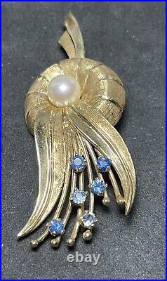 14k Solid Yellow Gold Pearl And Gemstones Brooch And Earrings Set