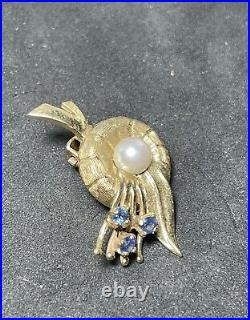 14k Solid Yellow Gold Pearl And Gemstones Brooch And Earrings Set