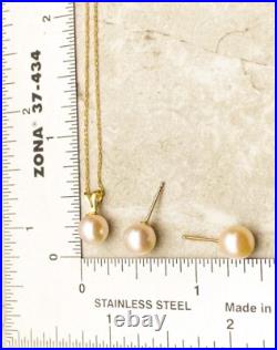 14k Solid Yellow Gold Pearl Earrings & 18 Pendant Necklace Set
