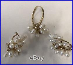 14k Solid Yellow Gold Pearls Diamond Earring & Ring Jewelry Set