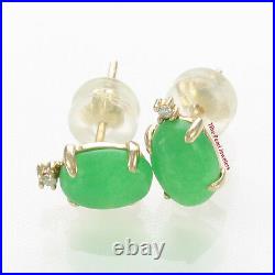 14k Solid Yellow Gold set 2 Diamonds Popular oval Green Jade stud Earrings TPJ