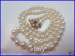 14k VTG Graduated Cultured Pearls Necklace 14K Solid Y. Gold Ruby Pearl Clasp