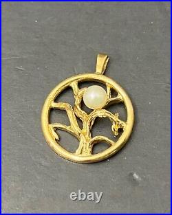 14k Vintage Estate Yellow Gold Tree of Life & Cultured Pearl Set Pendant