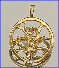 14k Vintage Estate Yellow Gold Tree of Life & Cultured Pearl Set Pendant