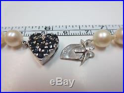 14k Vintage Salt Water Pearls Necklace with 14K Solid W. Gold Sapphire Clasp 19