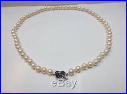 14k Vintage Salt Water Pearls Necklace with 14K Solid W. Gold Sapphire Clasp 19