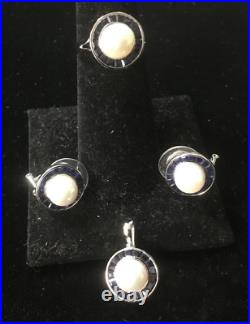 14k White Gold 4-piece Pearl and Sapphire set Ring, Earrings and Pendant