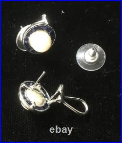 14k White Gold 4-piece Pearl and Sapphire set Ring, Earrings and Pendant