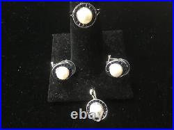 14k White Gold 4-piece Pearl and Sapphire set Ring, Earrings and Pendant