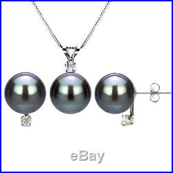 14k White Gold 9-10mm Black Tahitian Pearl & 1/11ctw Diamond Necklace Stud Set