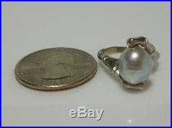 14k White Gold Bamboo Baroque Grey Gray Pearl Asian Ring Earrings Set Pair Lot
