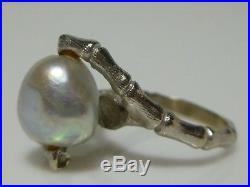 14k White Gold Bamboo Baroque Grey Gray Pearl Asian Ring Earrings Set Pair Lot