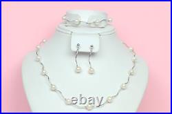 14k White Gold Beautiful Genuine White Pearls Set Necklace, Bracelet, Earrings