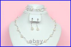 14k White Gold Beautiful Genuine White Pearls Set Necklace, Bracelet, Earrings