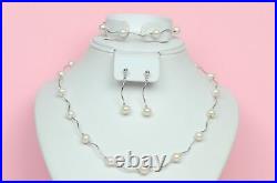 14k White Gold Beautiful Genuine White Pearls Set Necklace, Bracelet, Earrings