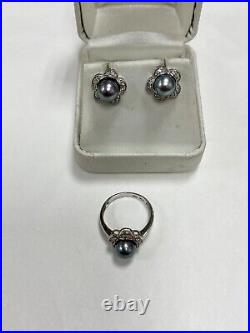 14k White Gold Blue Pearl & Diamond Floral Cocktail Set Earrings & Ring