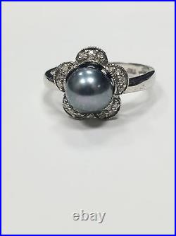 14k White Gold Blue Pearl & Diamond Floral Cocktail Set Earrings & Ring
