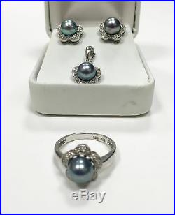 14k White Gold Blue Pearl & Diamond Floral Cocktail Set Earrings Ring & Pendant